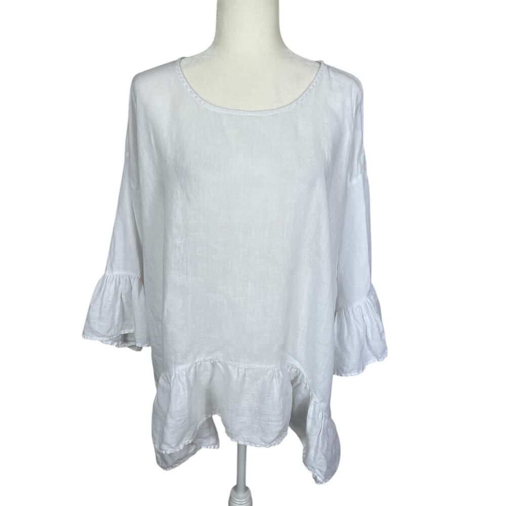 Match Point 100% Linen Top Asymmetric Ruffles Size XL Cottage Boho Lagenlook
